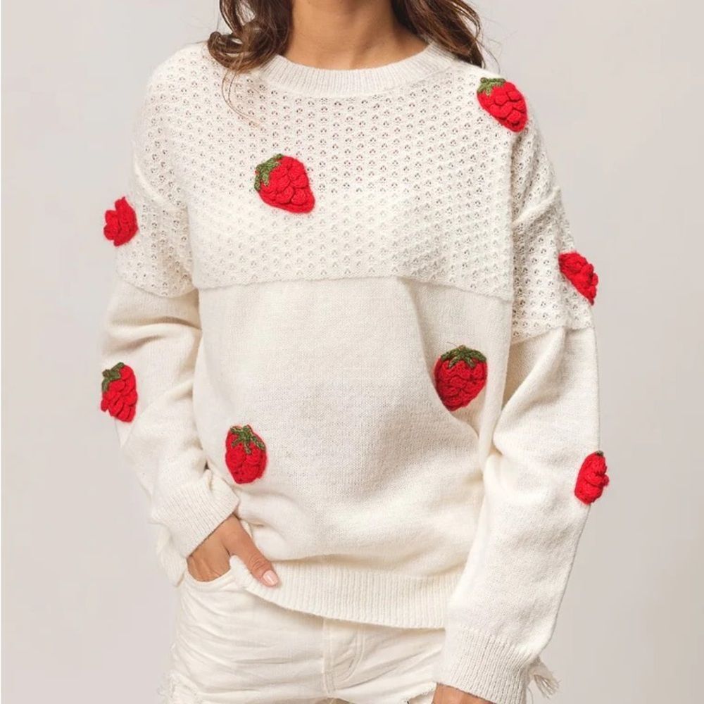 White Sweater with Red Strawberry Accents
